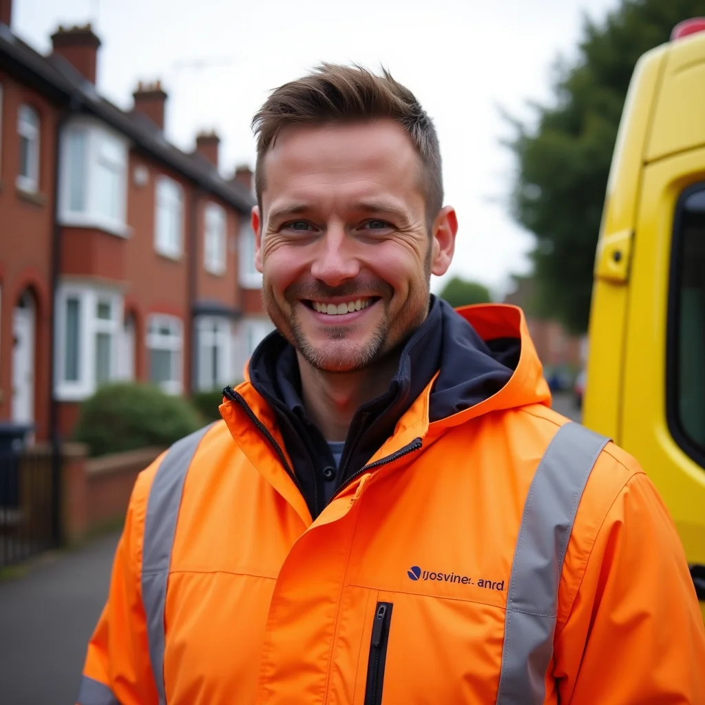 Friendly Sheffield drainage engineer in orange hi-vis beside a service van