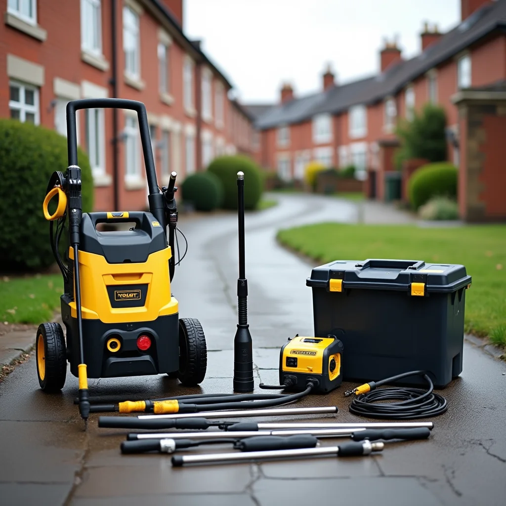 Professional drainage equipment including jetting machine and tools on a Sheffield driveway